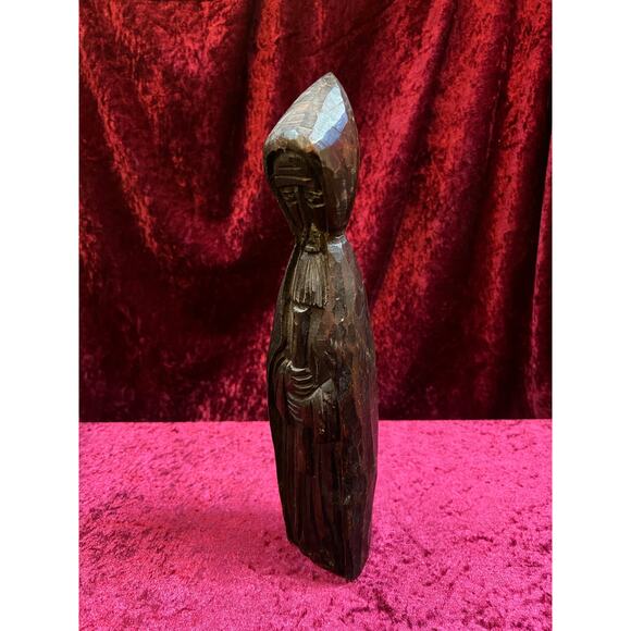 Vintage Oddities - Antique Hand Carved Wood Statue - Cloaked Druid With Staff - Picture 2 of 9
